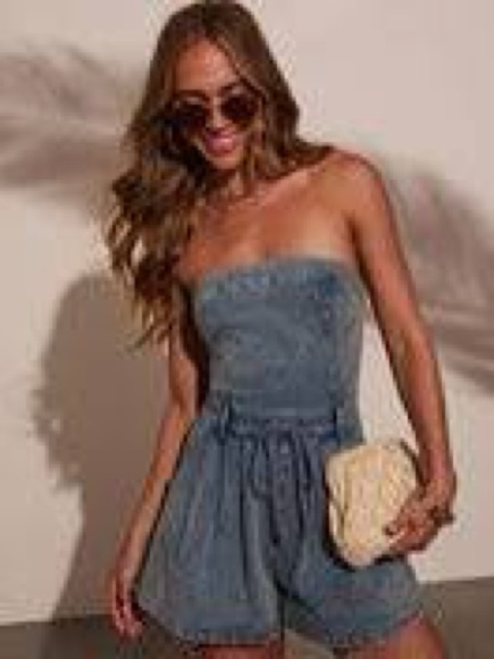 Flying Tomato Strapless Denim Romper in Blue